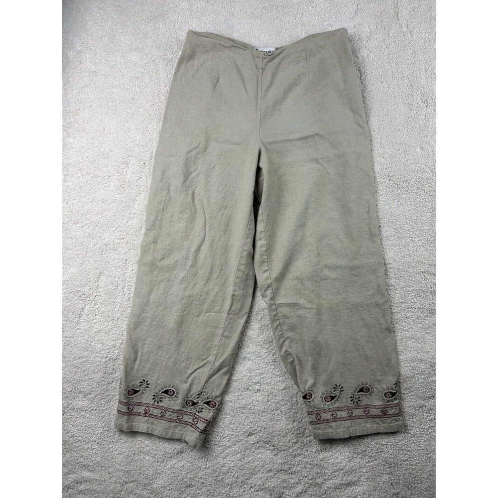 DressBarn Womans Size 10 Linen Blend Beige Pants Side Zip Embroidered‎ Cropped